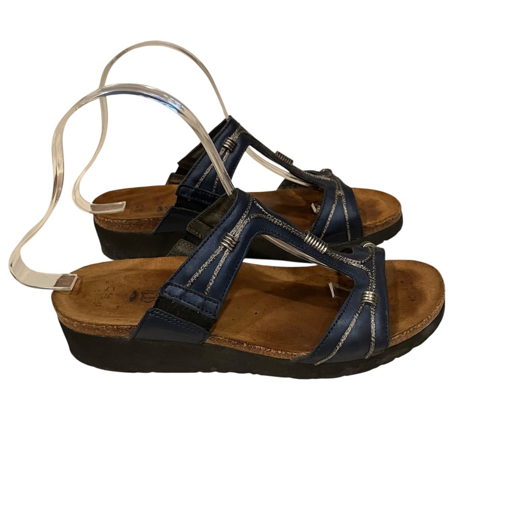 Naot Dana Women Blue Leather Sandals Metallic Silver Detail Size 38 L7 Israel